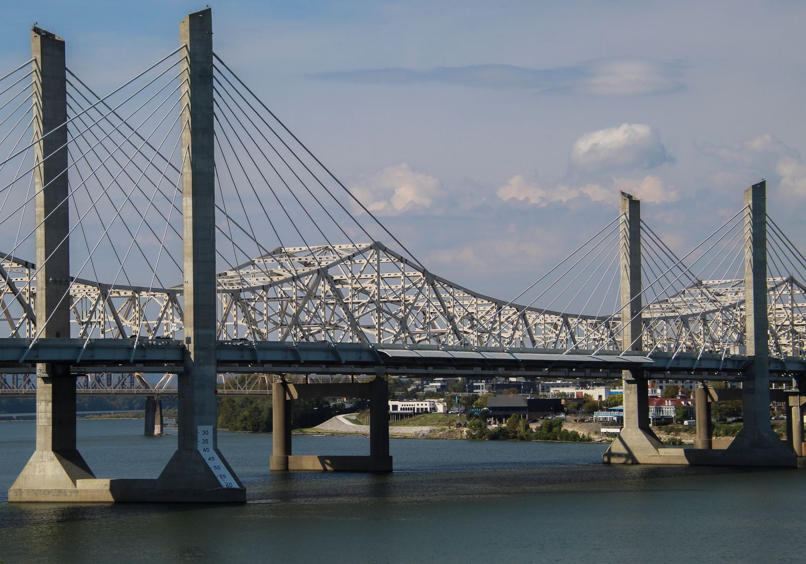 Cable-stayed and truss bridges crossing the Ohio River at Louisville, Kentucky