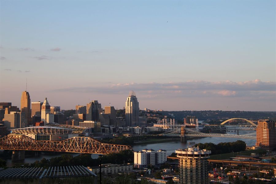 Cincinnati skyline and Ohio River bridges at dusk