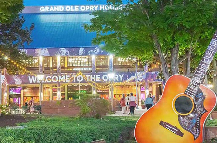 Entrance to the Grand Ole Opry House in Nashville with a giant guitar sculpture